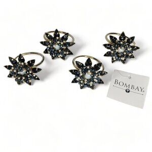 The Bombay Company Black Pearl Floral Napkin Ring Set with Napkins